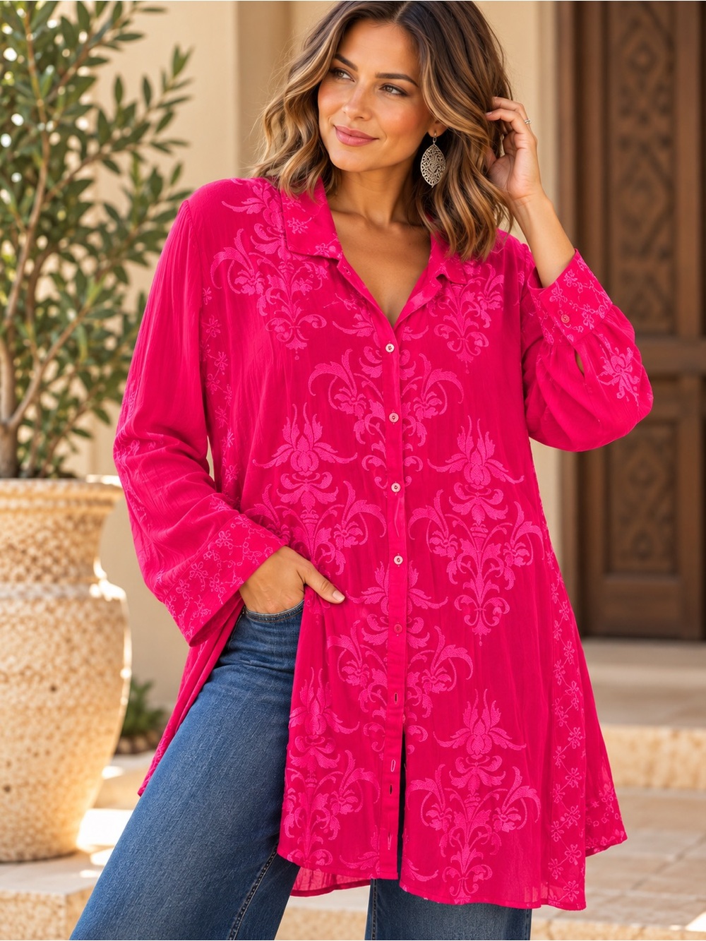 Johnny Was 2X Pink Embroidered Long Tunic Button Front Blouse #740
